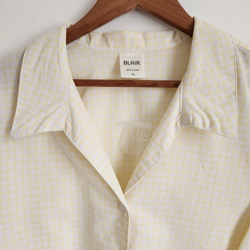Button down shirt Gingham Collared V-neck Cotton blend yellow white BLAIR NWOT - Picture 3 of 12